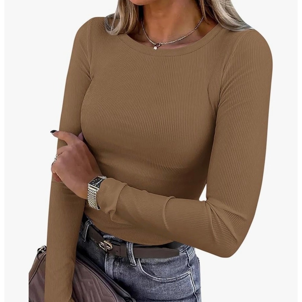 Anrabess Set/4 Long Sleeve 2X Rib Knit Top Casual Crew Neck Basic Tee Workwear